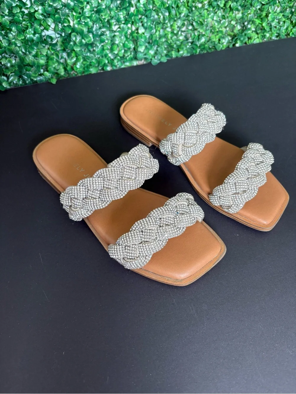 Sincerely Jules Braided Rhinestone Double-Strap Slip on Sandals - Silver on Tan